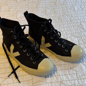 Veja Black and Cream High-Top Sneakers